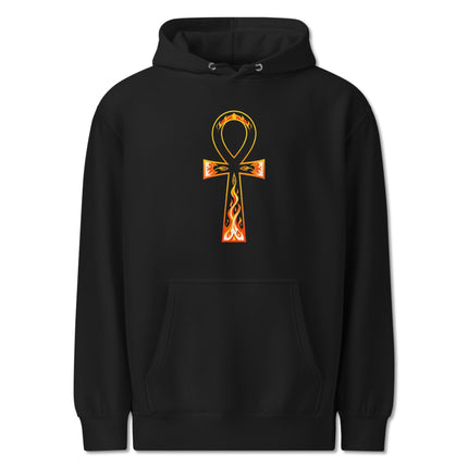 Ancient Egyptian flaming ankh symbol printed on a unisex pullover hoodie.