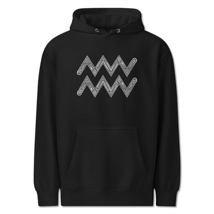Tribal patterned hoodie featuring the detailed Aquarius Zodiac sign symbol and astrology motifs.