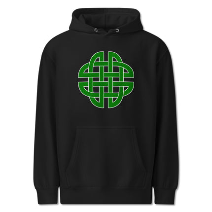 Green Celtic knot graphic pullover hoodie featuring a traditional green print design.