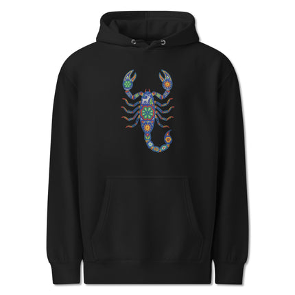 Vibrant pullover hoodie featuring traditional Huichol scorpion and Mexican folk art designs.