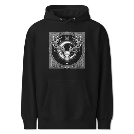 Stag skull and antler crown gothic hoodie with celestial moon occult nature design.