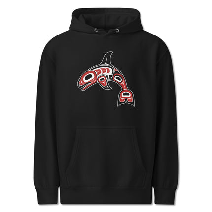 Indigenous orca killer whale art printed on a Pacific Northwest pullover hoodie.