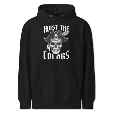 Skull and pirate tricorn hat graphic on a black pullover hoodie.