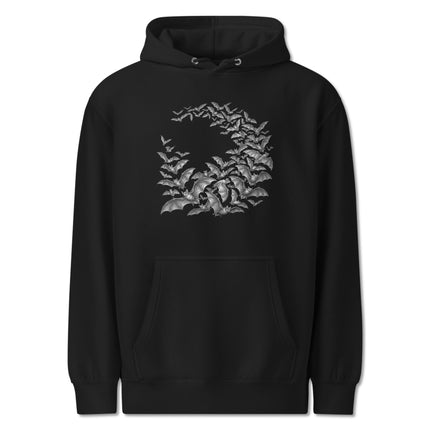 Gothic bat swarm circle graphic printed on a black unisex pullover hoodie.
