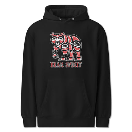 Formline art bear spirit design printed on an Indigenous Native American pullover hoodie.