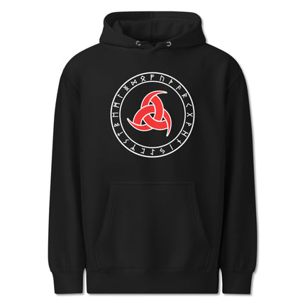Odin's Horns and Norse Runes graphic on a unisex Viking pullover hoodie.