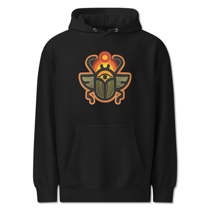 Unisex pullover hoodie featuring Khepri scarab and ancient Egyptian mythology graphic design.