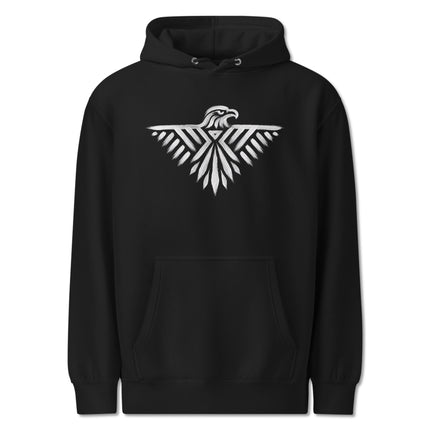 Pullover hoodie featuring a bold tribal thunderbird and eagle graphic print design.