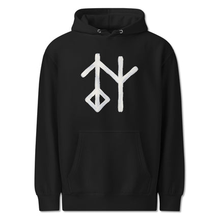 Norse Mythology Wisdom Bind Rune hoodie featuring Galdrastafir symbol print.