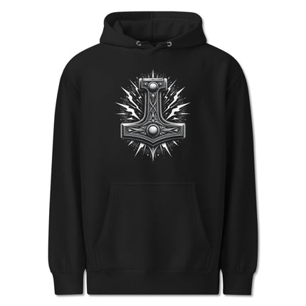 Norse Mjolnir hammer hoodie featuring a graphic design of thunder and lightning bolts.