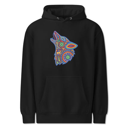 Vibrant Huichol Mexican folk art wolf howling design on a unisex pullover hoodie.