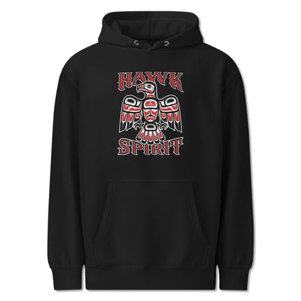 Hawk Spirit tribal art print on a comfortable unisex pullover hoodie featuring a majestic hawk graphic.