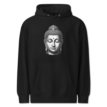 Zen Buddha head graphic print pullover fleece meditation hoodie for spiritual style.