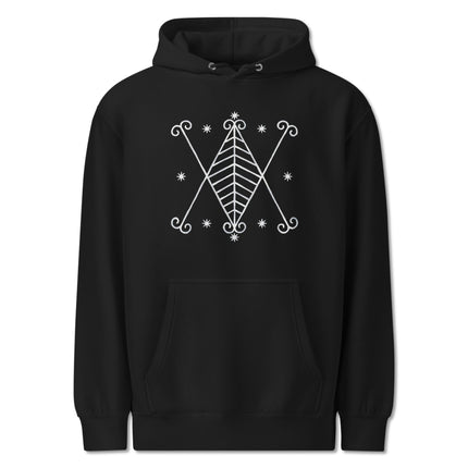 Black pullover hoodie featuring Ayizan Veve voodoo celestial graphic print.