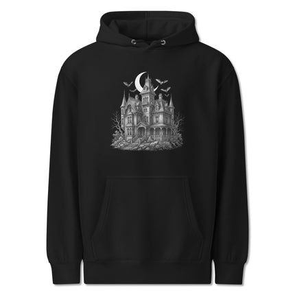 Gothic haunted house hoodie featuring spooky mansion details, bats, and a full moon motif design.