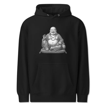 Laughing Buddha Zen hoodie featuring happy Budai Hotei illustration for spiritual comfort.