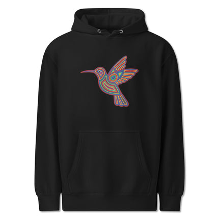 Vibrant Huichol hummingbird art hoodie featuring colorful indigenous bird symbols print.