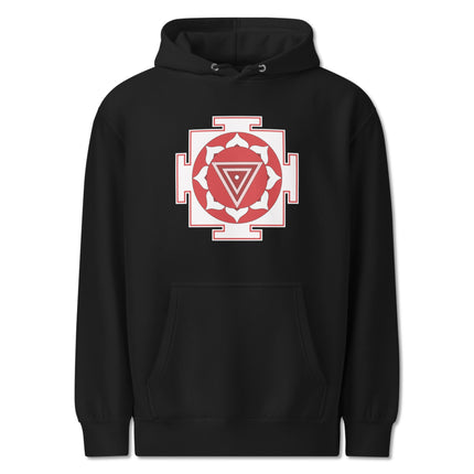 Sacred geometry Kali Yantra symbol printed on a spiritual Hindu pullover hoodie.