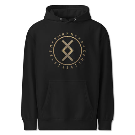 Norse hoodie featuring Inguz Rune and Futhark Circle graphic print on a Viking pullover fleece.