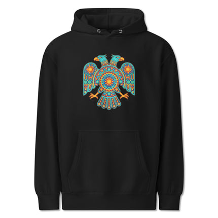Vibrant Huichol Two-Headed Eagle pullover hoodie featuring Mexican folk art design.