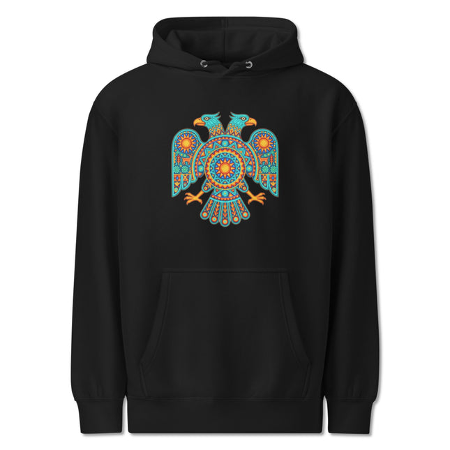 Huichol Two Headed Eagle Hoodie | Vibrant Mexican Folk Art Pullover Hoodie
