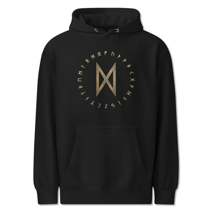 Pullover hoodie featuring the Dagaz rune, an Elder Futhark Norse mythology symbol design.