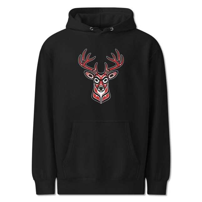 Red Tribal Deer Head Hoodie | Indigenous Art Stag Antlers Pullover Hoodie