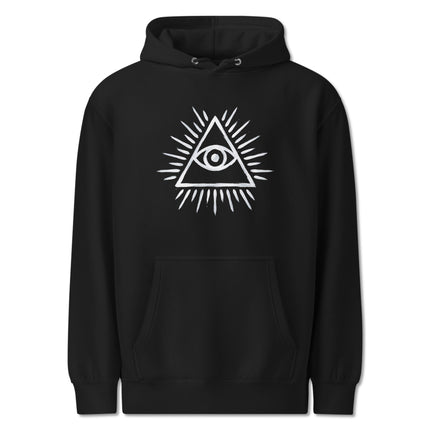 Black pullover hoodie featuring the Eye of Providence all-seeing eye symbol within a pyramid design.