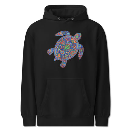 Huichol style turtle graphic printed on a vibrant Mexican folk art fleece hoodie pullover.