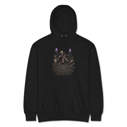 Dark magic hoodie featuring occult pentagram, gothic doll, and ritual altar design print.