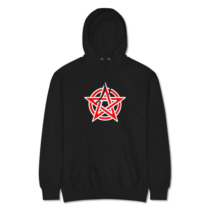 Red pentagram graphic hoodie with mystical pentacle print.