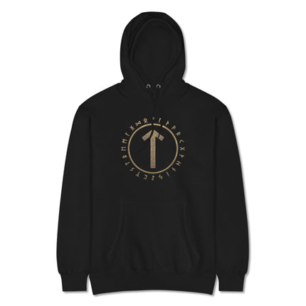 Tiwaz rune circle pullover hoodie featuring Norse Viking mythological designs.