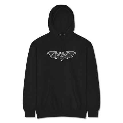 Gothic pullover fleece sweatshirt featuring a graphic print of flying bats. Unisex style.
