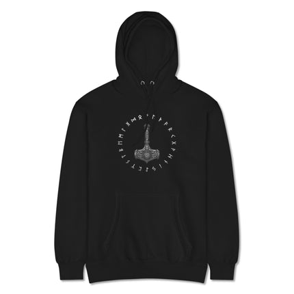 Viking Mjolnir hammer and rune print hoodie featuring Norse mythology designs for Thor fans.