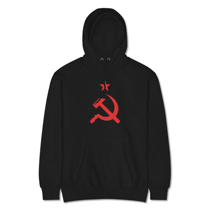 Red hoodie featuring the communist hammer and sickle symbol and red star graphics.