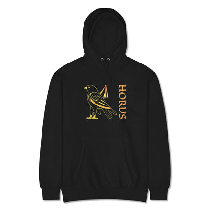 Horus Egyptian god hoodie featuring a detailed falcon graphic and mythology text print.