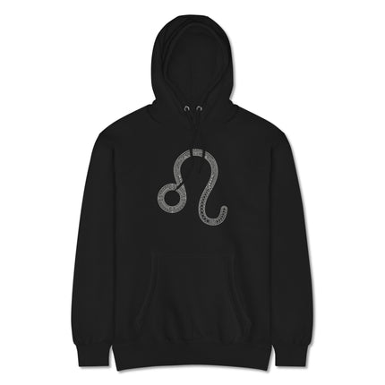 Intricate Leo zodiac constellation symbol on a black pullover hoodie.