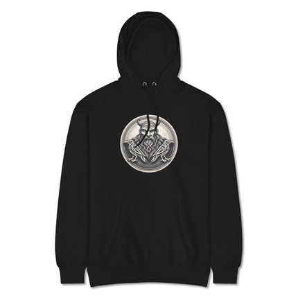 Norse Odin and raven graphic print on a Viking pullover hoodie for men and women.