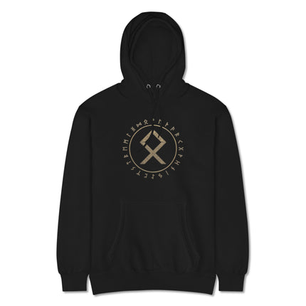 Unisex gold hoodie featuring the Othala rune and circular Norse Viking symbol design.