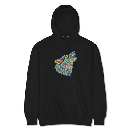 Colorful Huichol tribal art pullover hoodie featuring a howling wolf design from Mexican folk culture.