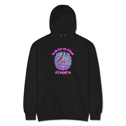 Saraswati Goddess hoodie print with Om Aim Saraswatyai Namah mantra.