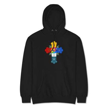 Rosy Cross sacred geometry occult art graphic print on a pullover hoodie.