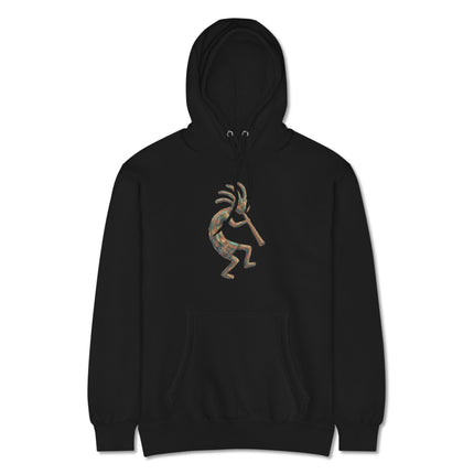 Kokopelli flute player graphic with southwestern native american symbols printed on a cozy hoodie.