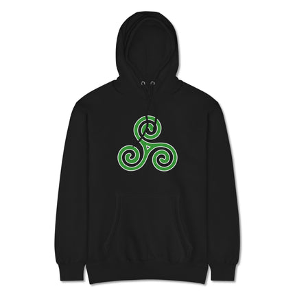Celtic triskelion symbol on unisex fleece hoodie with triple spiral design.