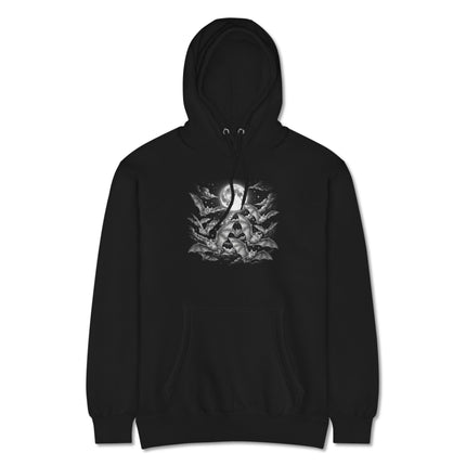 Full moon and flying bats gothic hoodie with night sky graphic print.