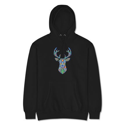 Indigenous Mexican Huichol style vibrant deer folk art print pullover hoodie.