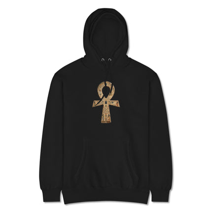 Ancient Egyptian Ankh hieroglyph design on pullover hoodie featuring Key of Life mythology symbols.