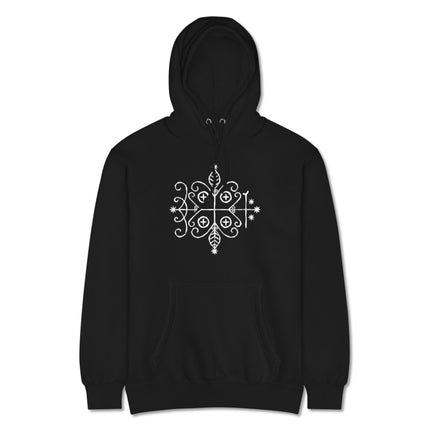 Sacred geometry print of Papa Legba and Haitian Vodou veve art on a dark hoodie.