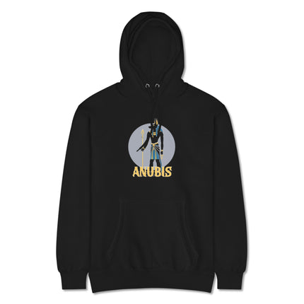 Anubis Egyptian mythology graphic hoodie featuring an ancient god design print.