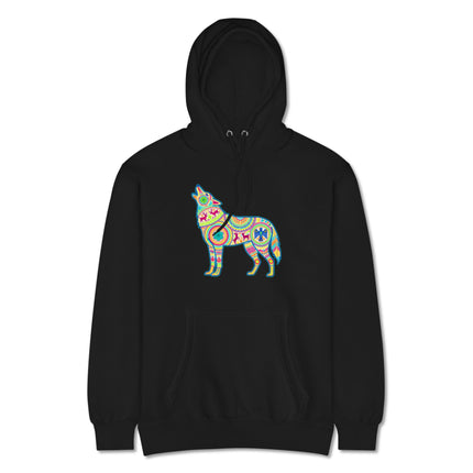 Vibrant Huichol wolf graphic pullover hoodie featuring traditional Mexican folk art patterns.